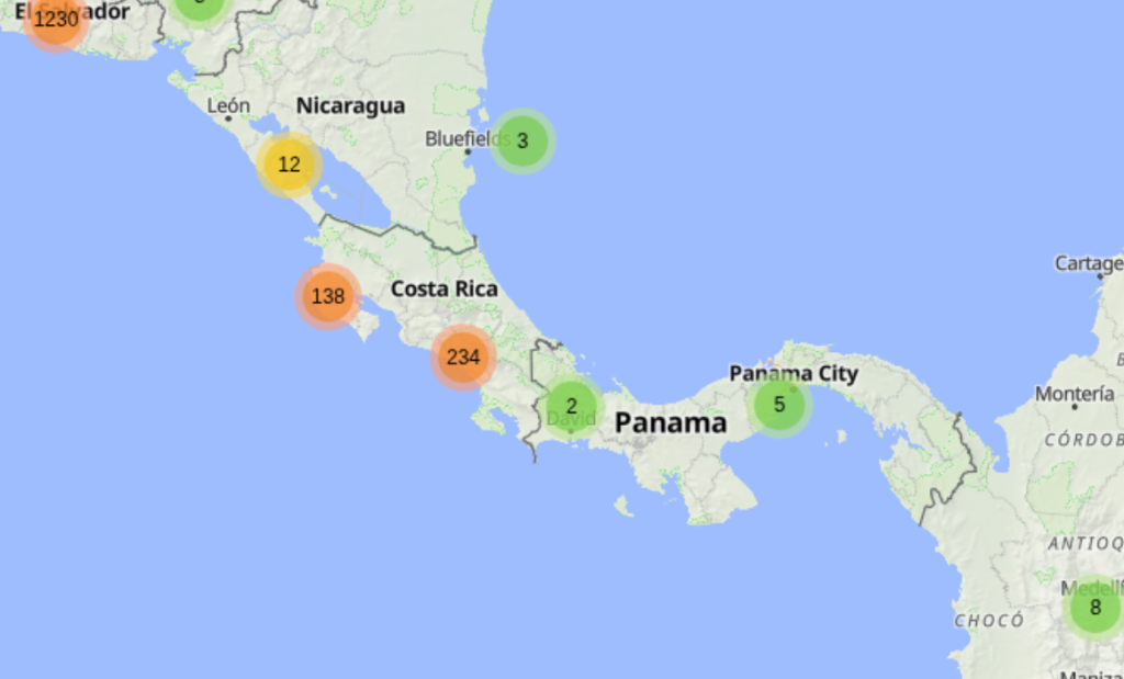 Map of businesses that accept bitcoin in Central America