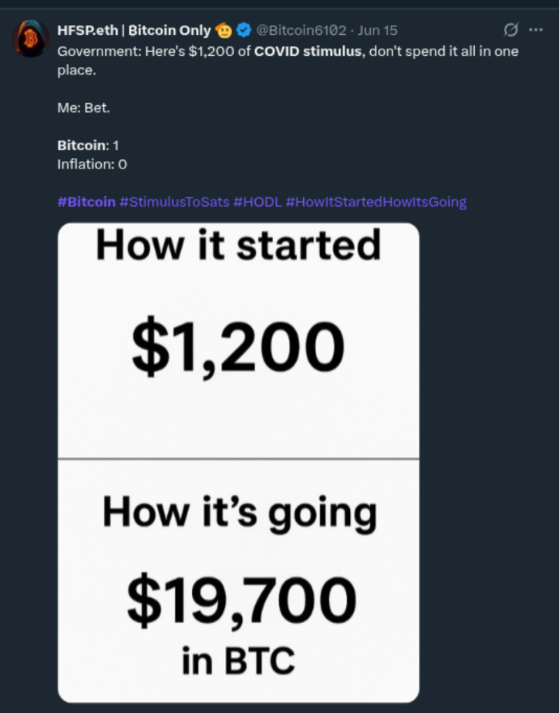 If you bought bitcoin with your COVID stimulus, your investment would have increased by ~1500%.